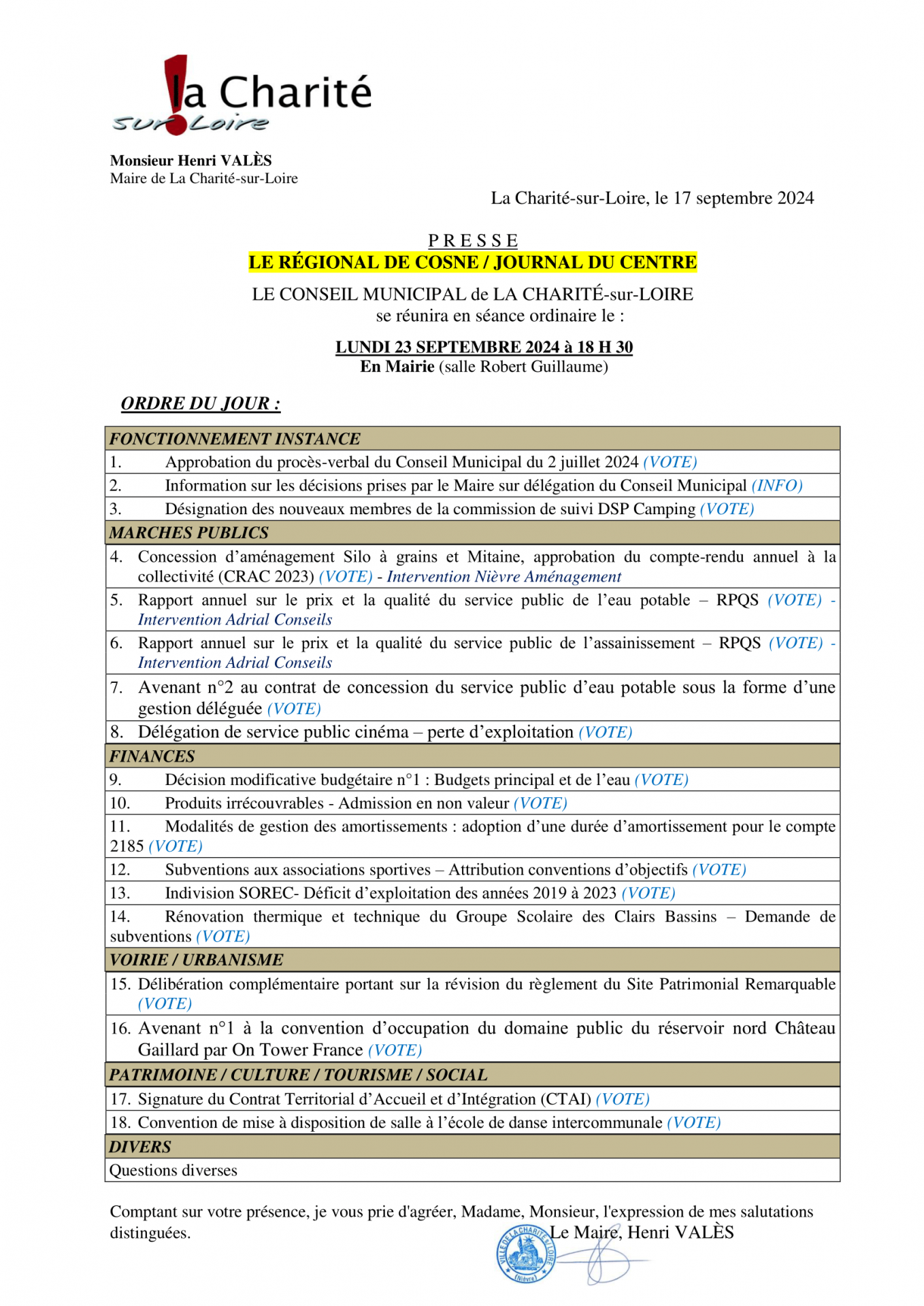 Ordre du jour du conseil municipal de La Charité du 23 septembre 2024